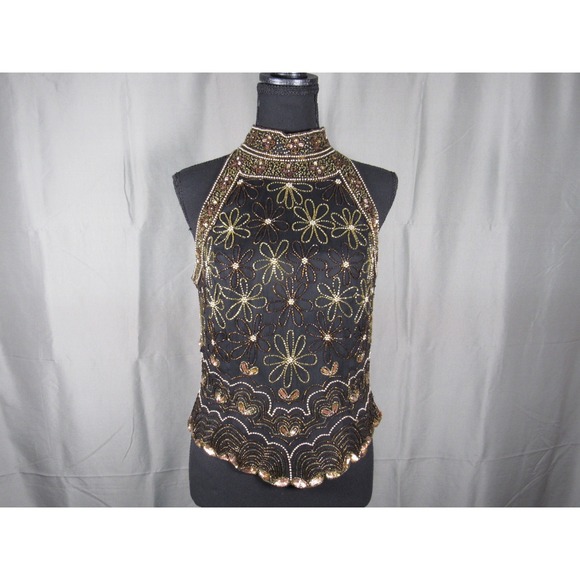 Papell Boutique Tops - Papell Boutique Evening Black Silk Beaded Halter Top Mock Neck Scalloped Medium